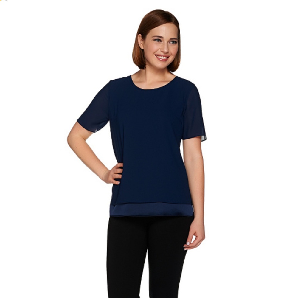 H by Halston Navy Short Sleeve Layered Top